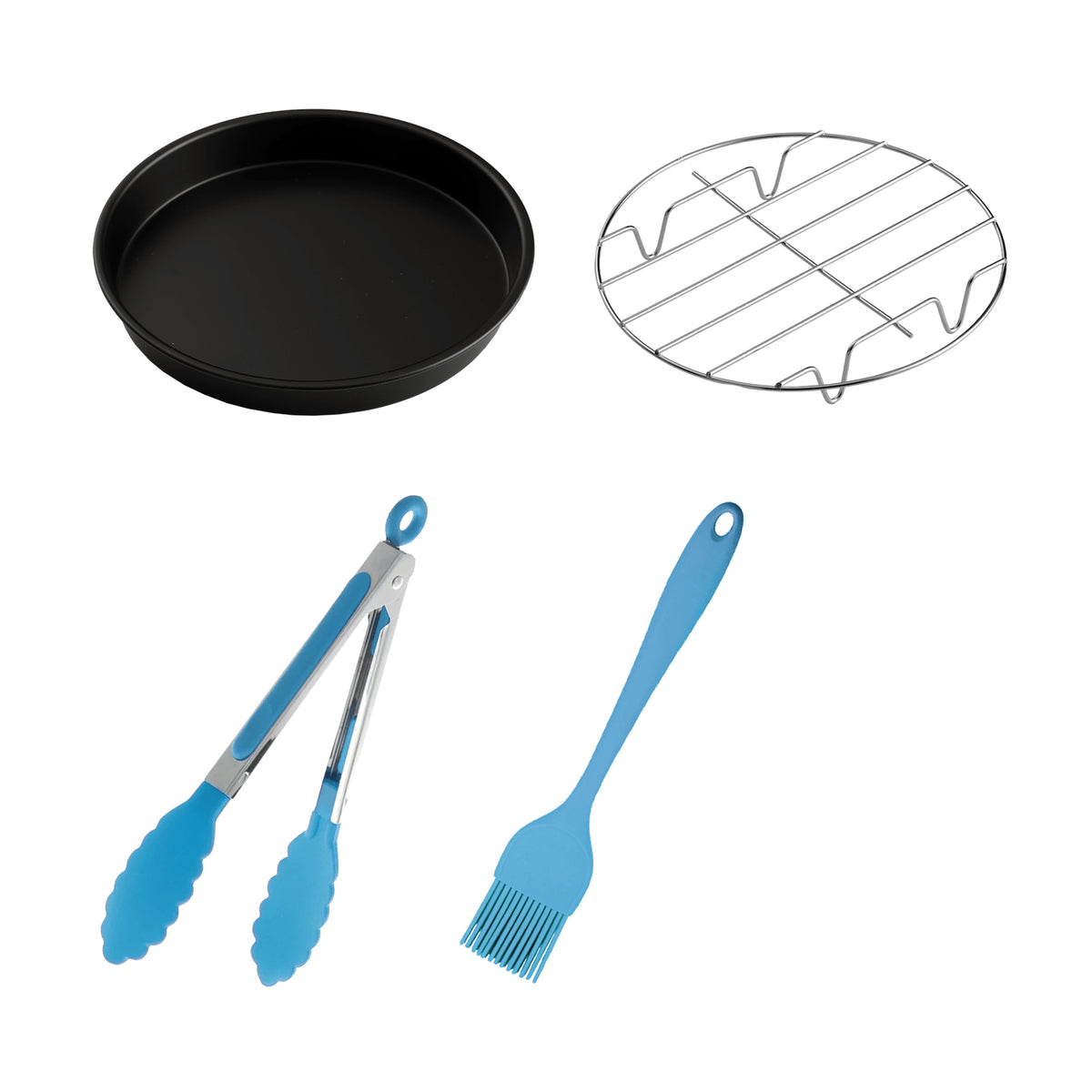 Grilling Set for an air fryer including the grill pan, wire rack and blue silicone tongs and brush .