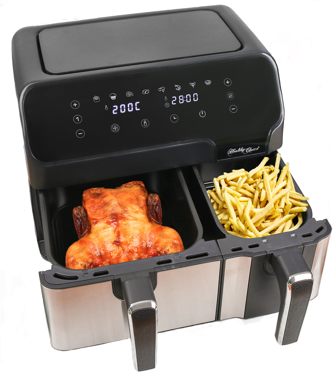 AFDZ100 Dual Zone air fryer with a whole chicken in one cooking basket and a lot of hot chips in the other one.