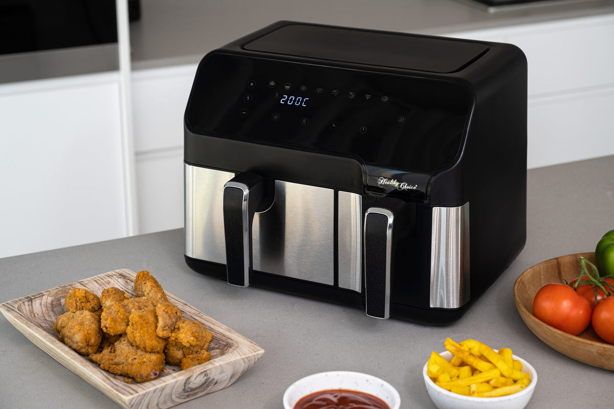 Healthy Choice AFDZ100 Digital Dual Zone Air Fryer with cooking baskets of two sizes.