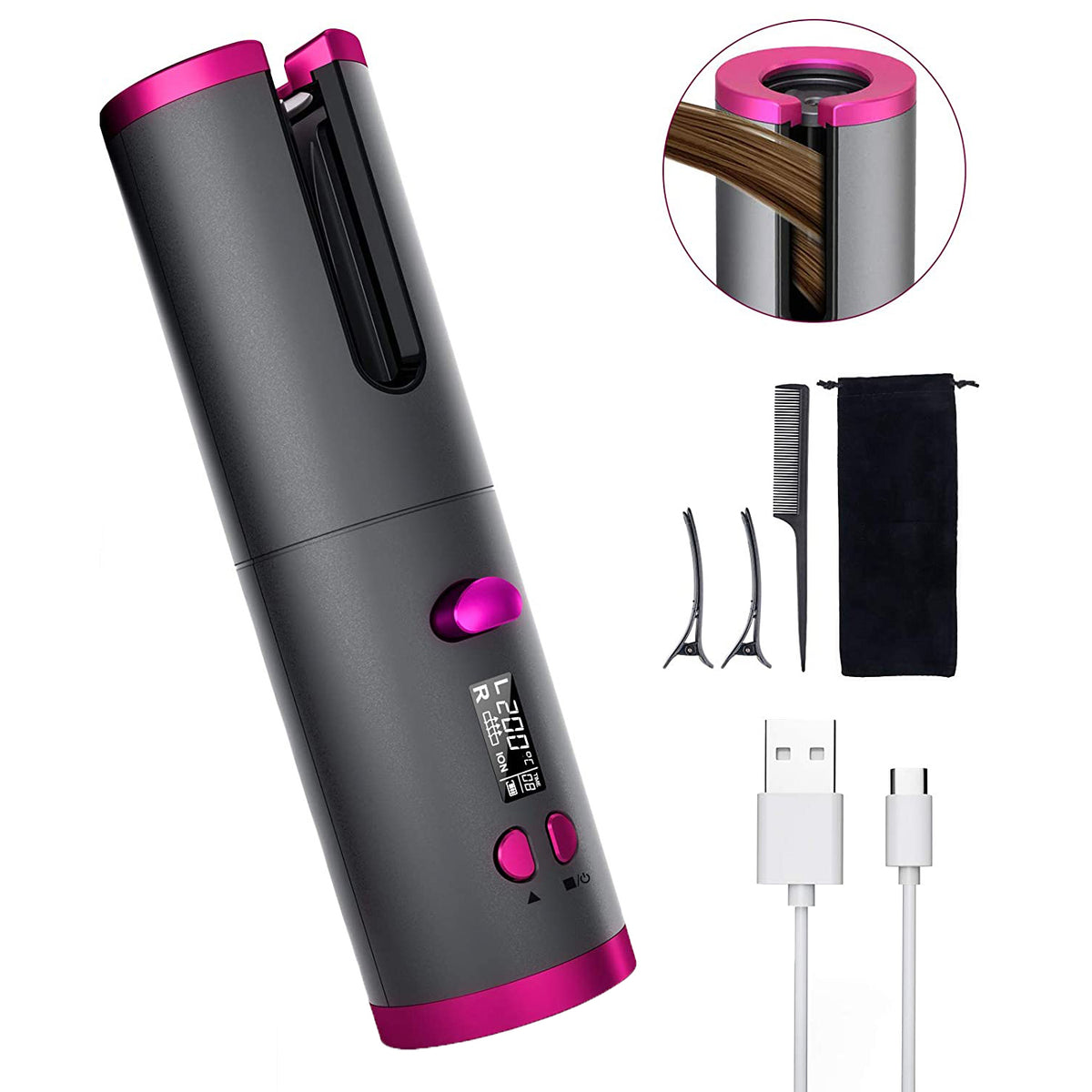 Cordless Ceramic Automatic Hair Curler with accessories.