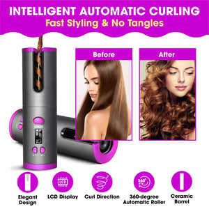 Before and after photos of a woman showing theperfection of styling with Cordless Ceramic Automatic Hair Curler.