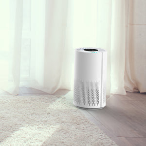 AP67 Air Purifier & Cleaner standing on the floor of a modern room with wooden floor and sheer curtains.