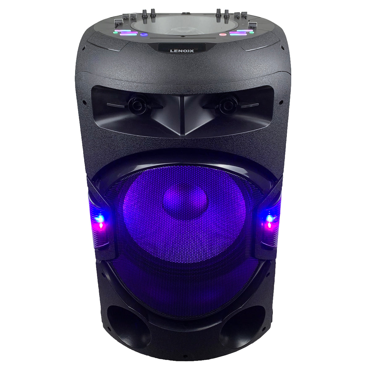 Bluetooth speaker BTD300 with purple lights on.