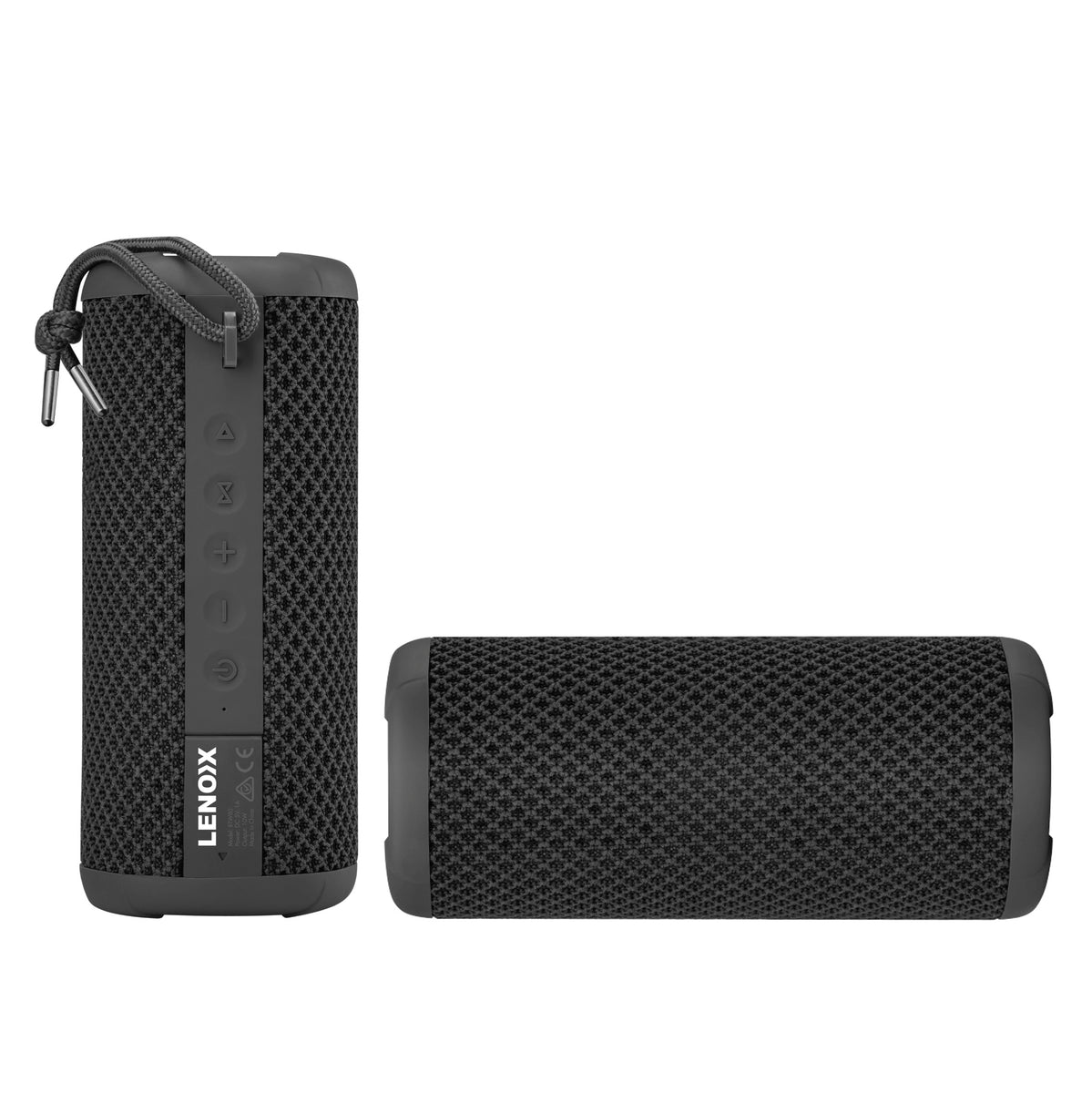 Black portable bluetooth speaker with sleek control panel.