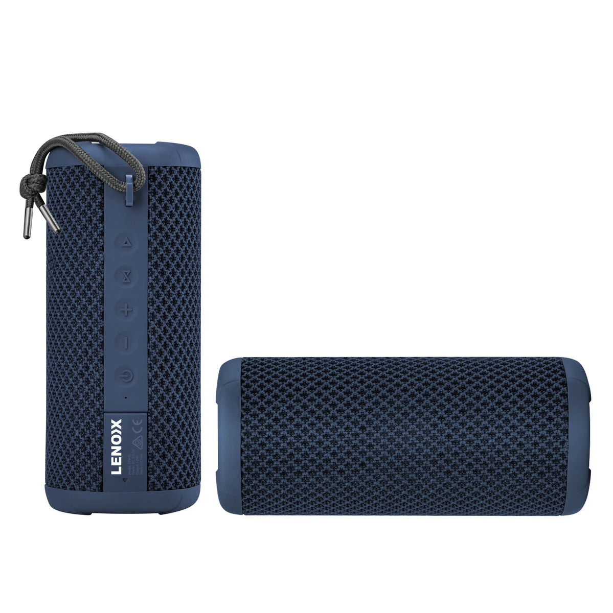 Blue portable bluetooth speaker with sleek control panel.