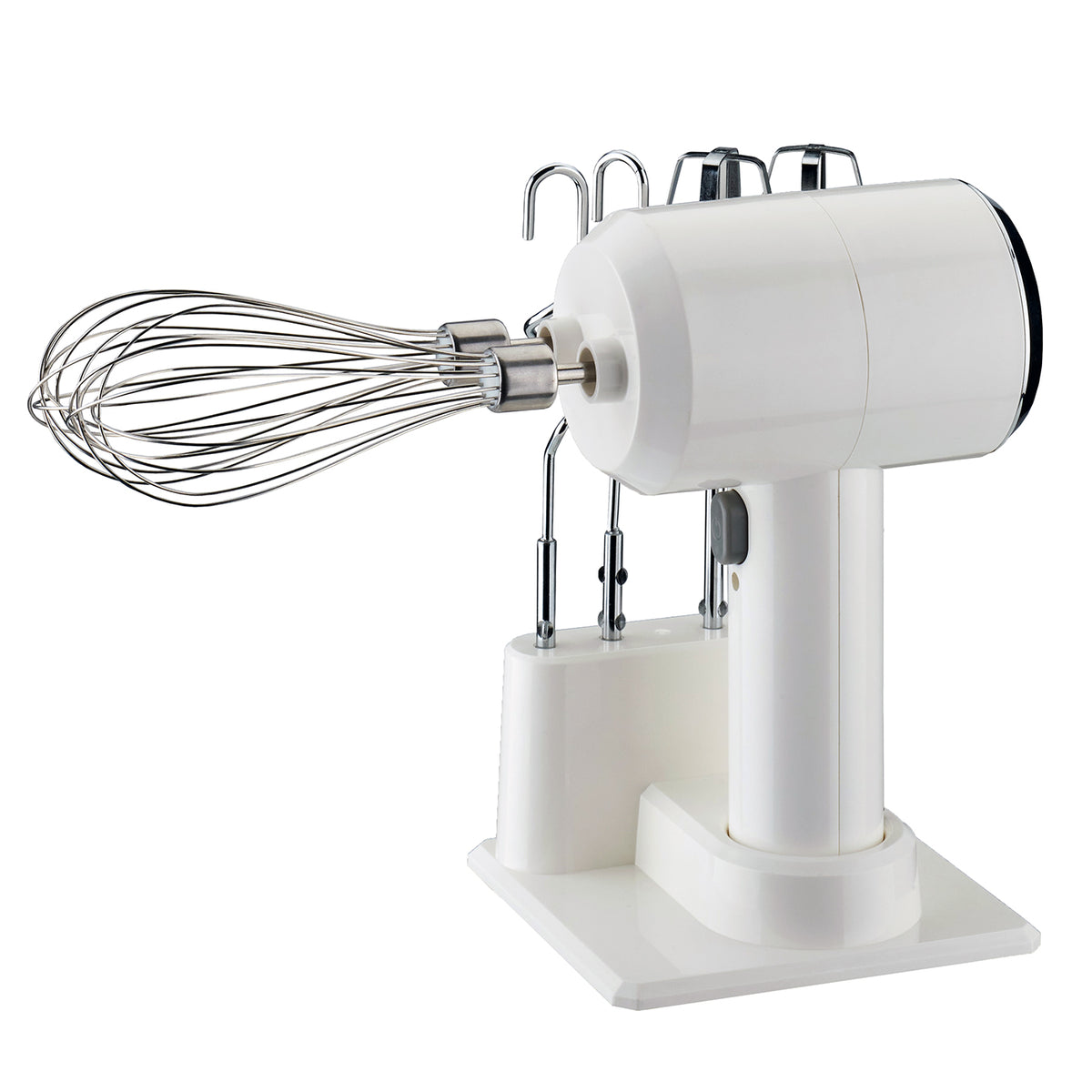 White cordless hand mixer on a stand with 3 types of attachments. 