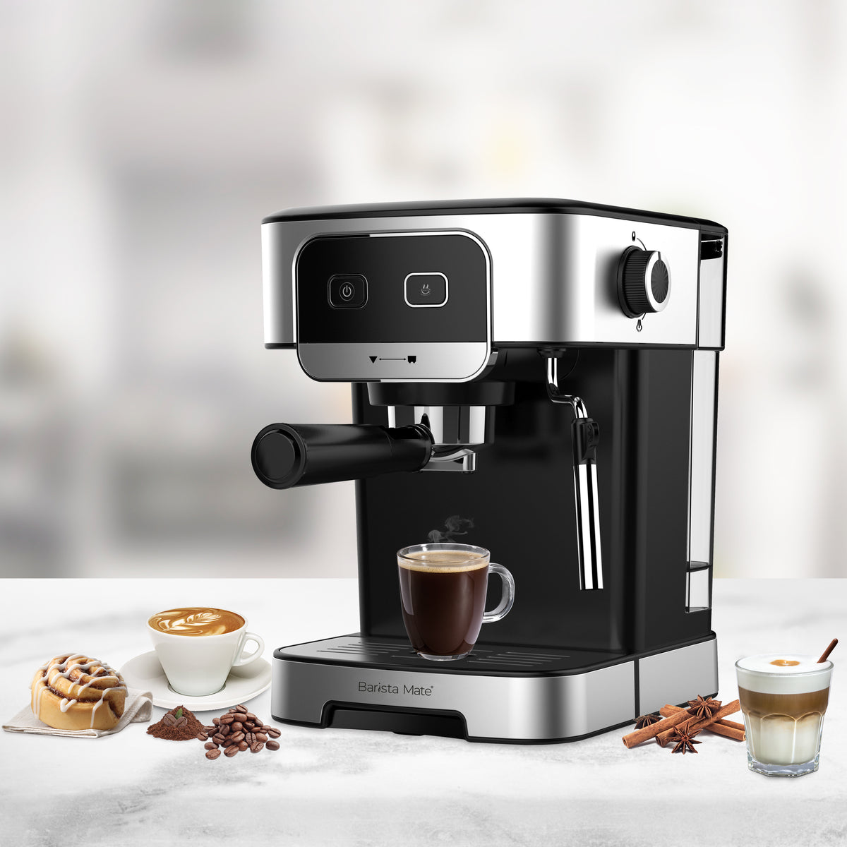 Espresso Coffee Machine with 3 kinds of coffee in cups surrounding it..