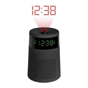 Sleek Projector Alarm Clock & Radio with 12:38 projection of the time.