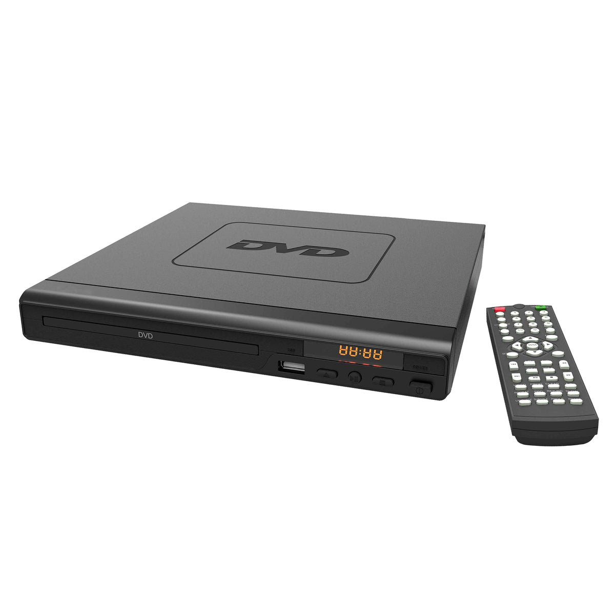 Top view of the Mini-Size DVD Player with the remote next to it.