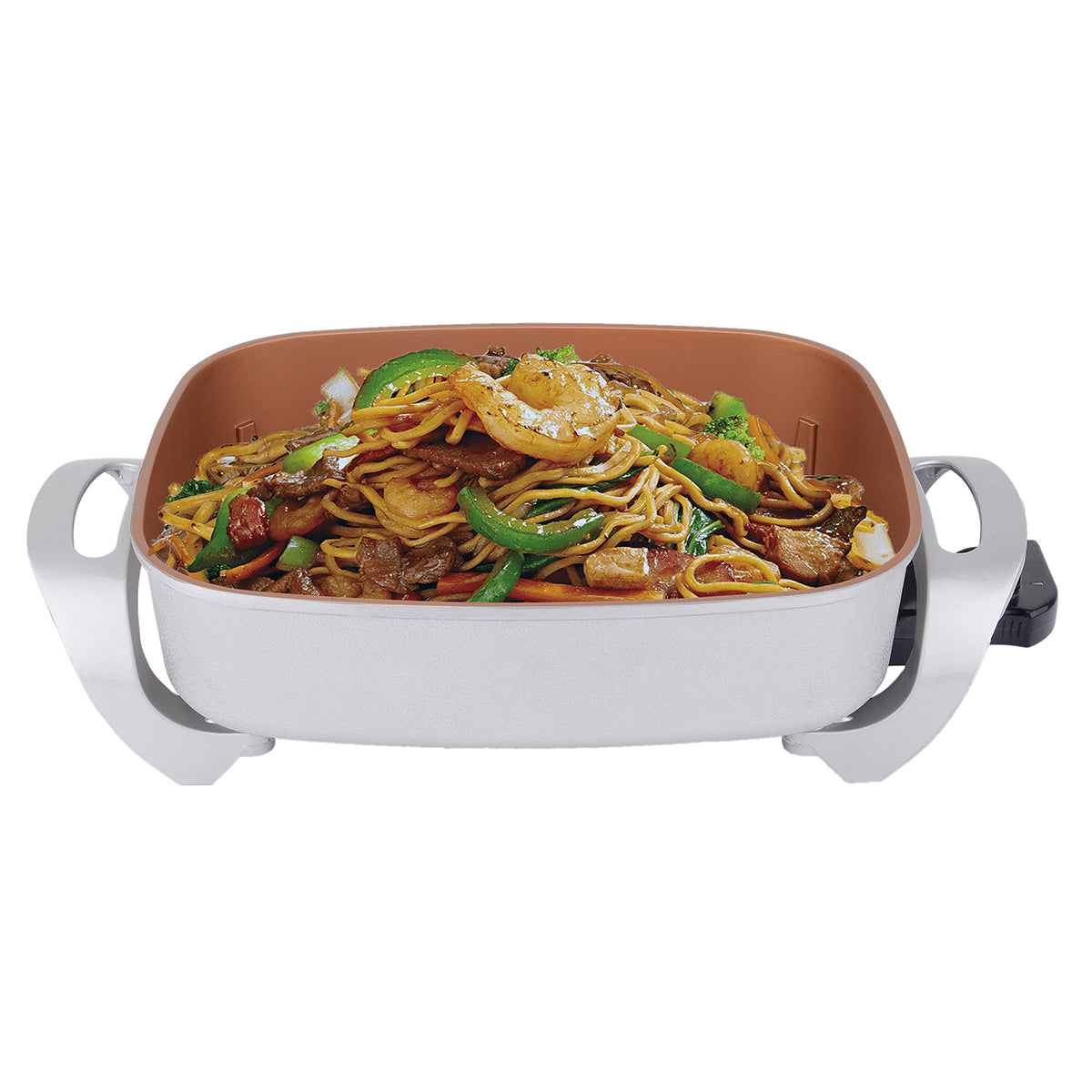 White Copper Electric Fry Pan with freshly made stir fry noodles inside.