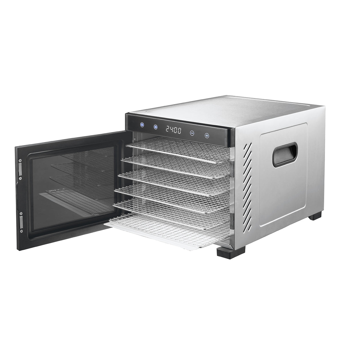 Stainless Steel Food Dehydrator with door open and 6 mesh trays sticking out of it.