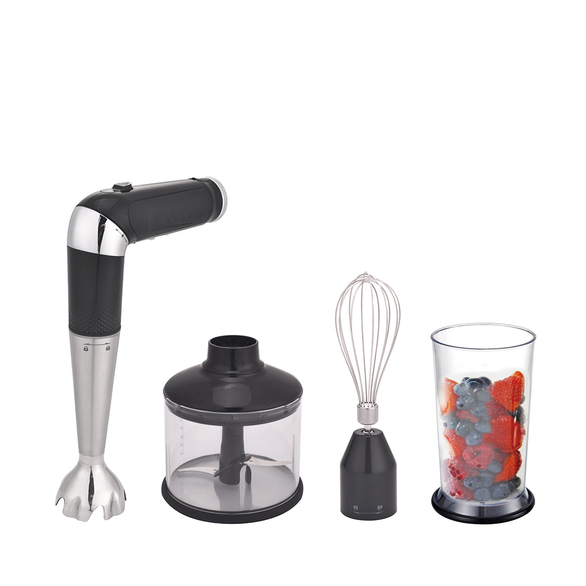 Sleek black & silver cordless stick hand blender with attachments.