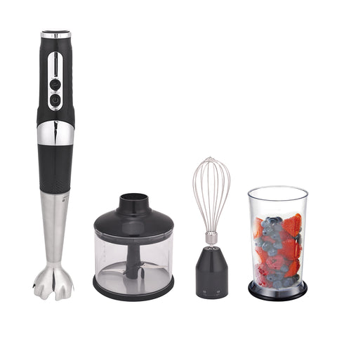 Sleek black & silver cordless stick hand blender with attachments.