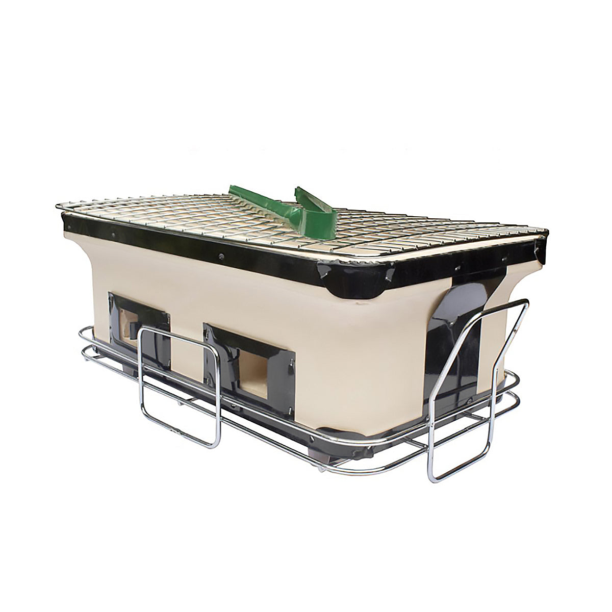 Portable Hibachi Tabletop Grill Dual Charcoal BBQ Chambers with steel tongs resting on top of it.