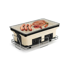 Hibachi Tabletop Grill with sausages, steak and chilli grilling on it.