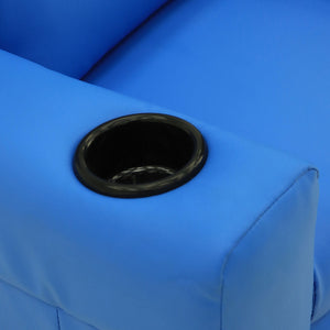 Close up of the cup holder in the blue kids recliner chair.