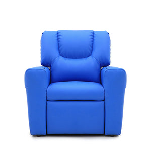 Front view of the blue kids recliner chair.