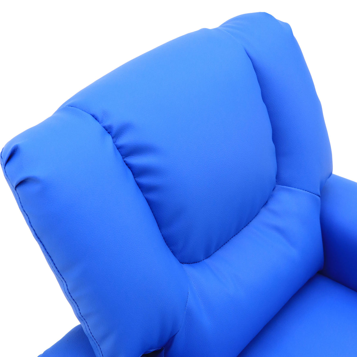 A close up of the cushioned headrest of the blue kids recliner chair.