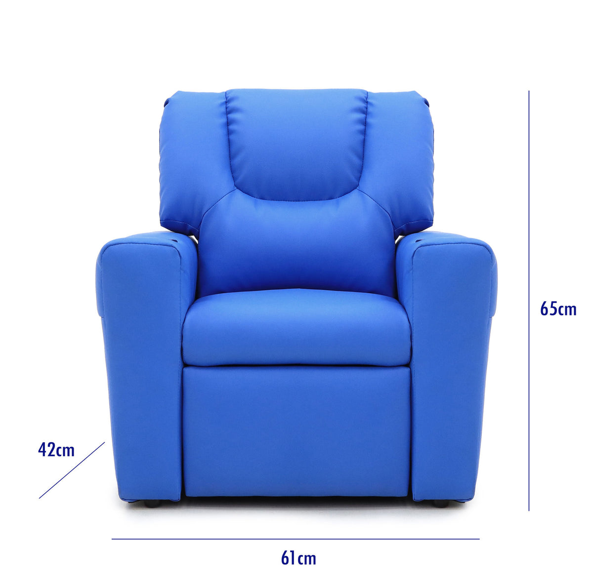 Image of the blue kids recliner chair with measurements provided: 42cm x 61cm x65cm