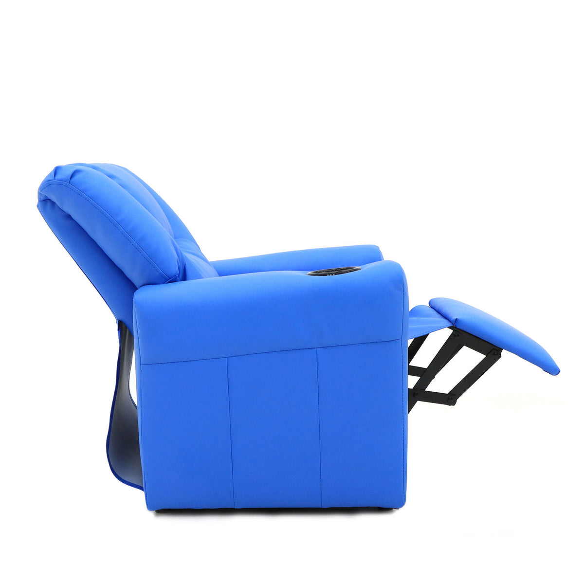 Side view of the Blue Kids Recliner Chair in a reclined position.