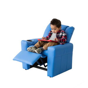 Blue Kids Recliner Chair with Footrest & Cup Holder with a little boy sitting comfortably.