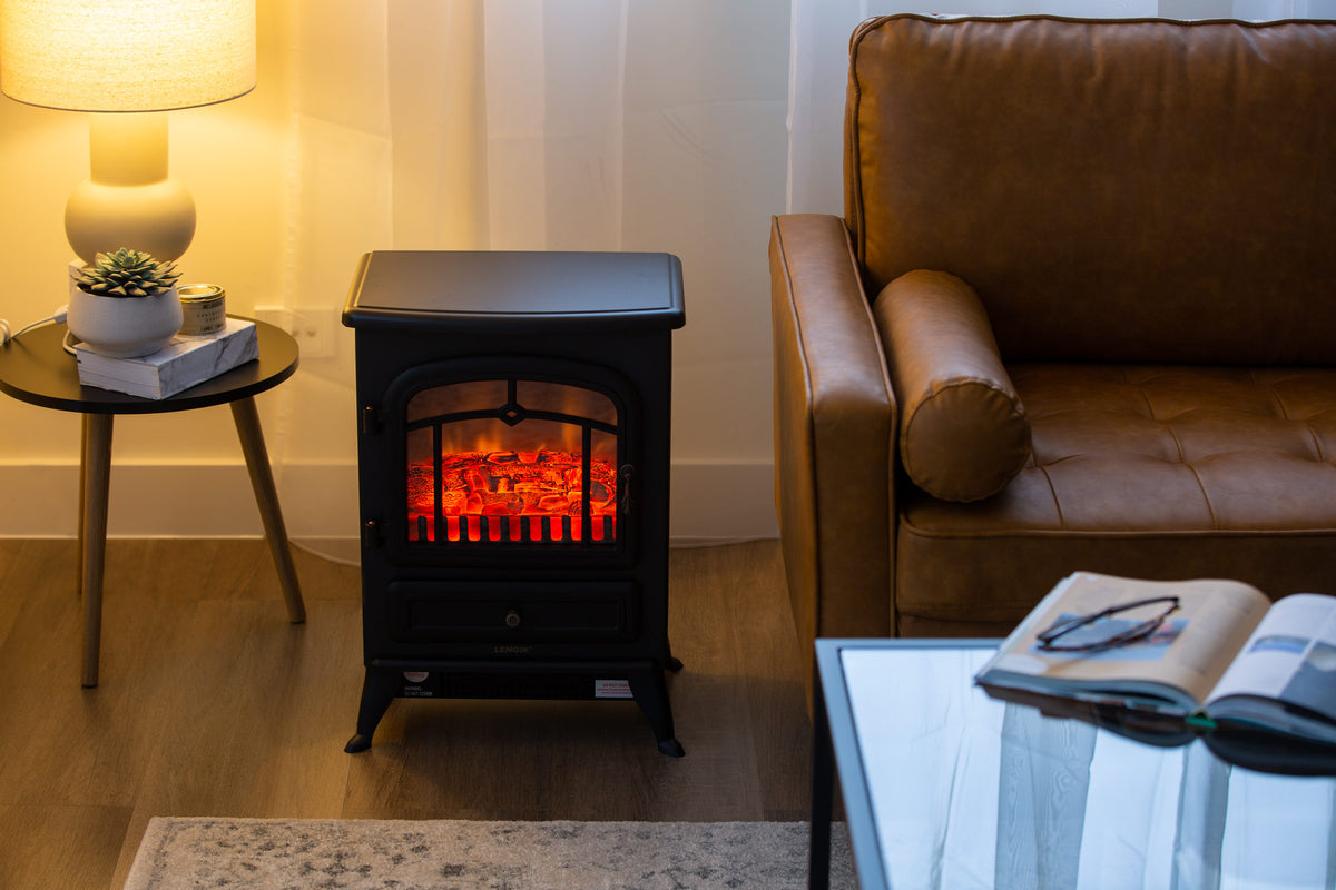 Electric fireplace heater in a cosy living room.