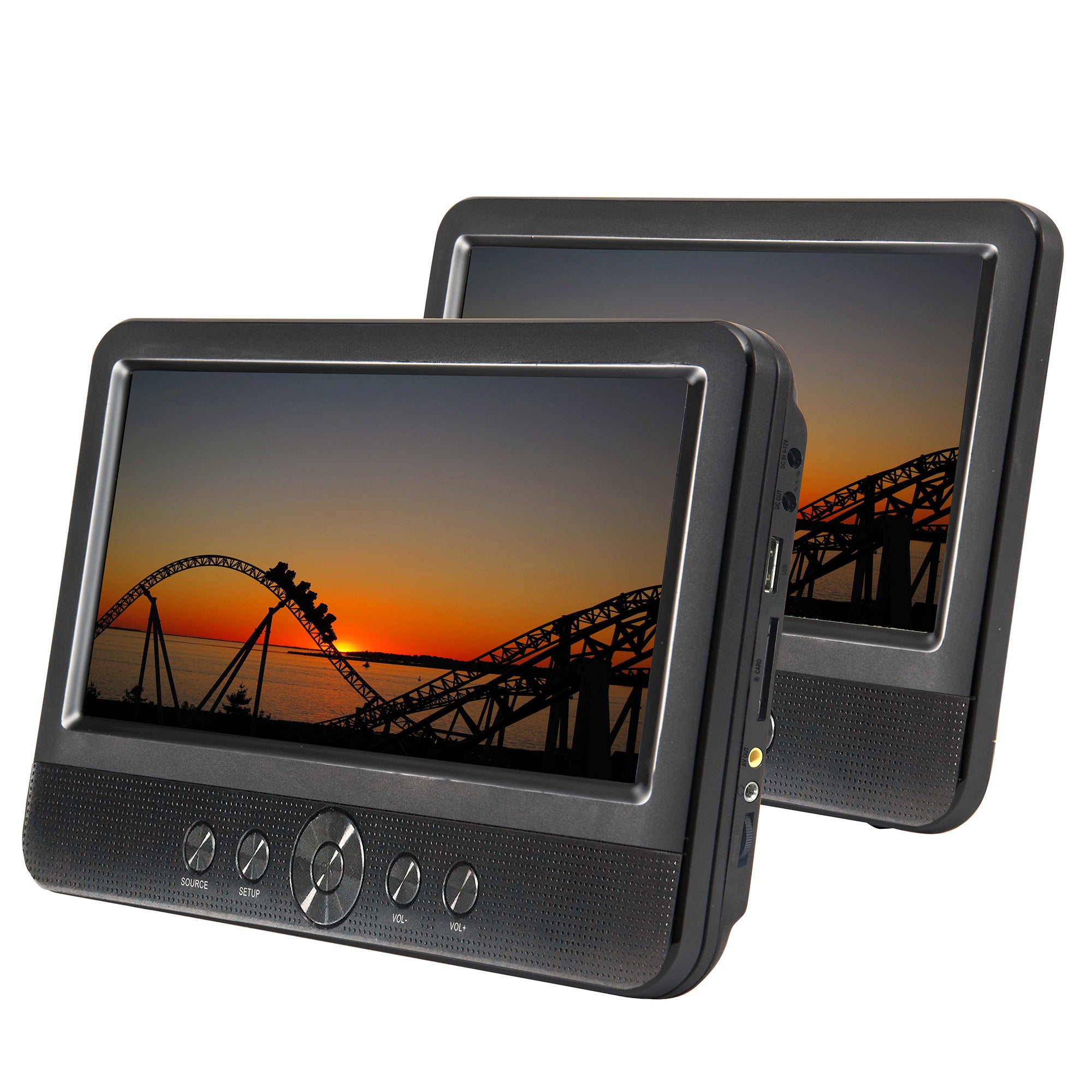 Twin Screen Portable DVD for Car with mounting straps.