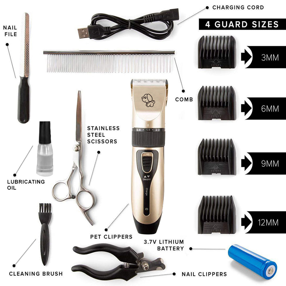 Photo with descriptions of all elements of the 12-piece pet grooming kit.