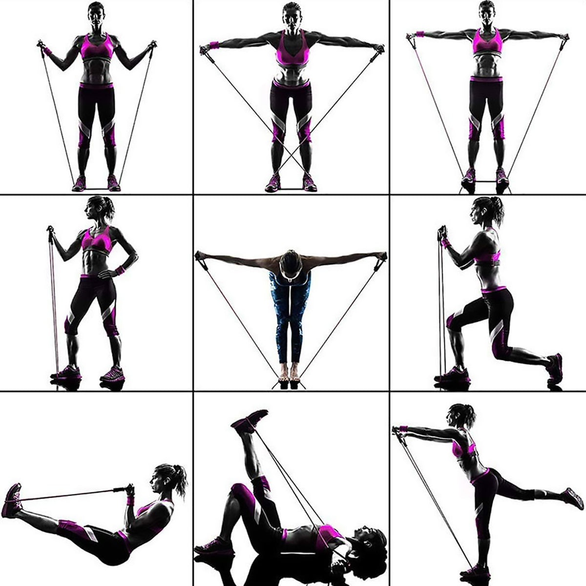 Example of 9 exercises with the resistance tube bands.
