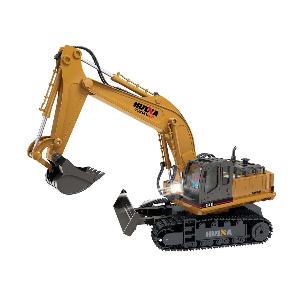 Yellow remote Controlled Tractor Excavator Digger toy with working light on.
