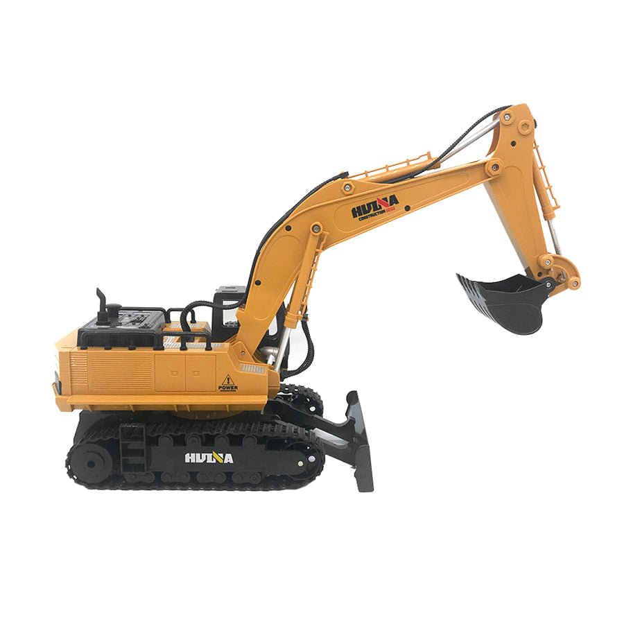 Side view of the yellow remote Controlled Tractor Excavator Digger toy.