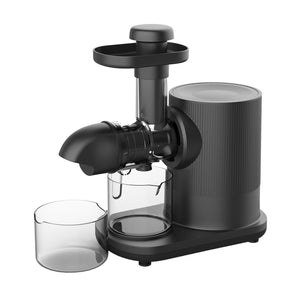Angle view of the sleek black Cold Press Slow Juicer with 500ml juice & pulp containers.