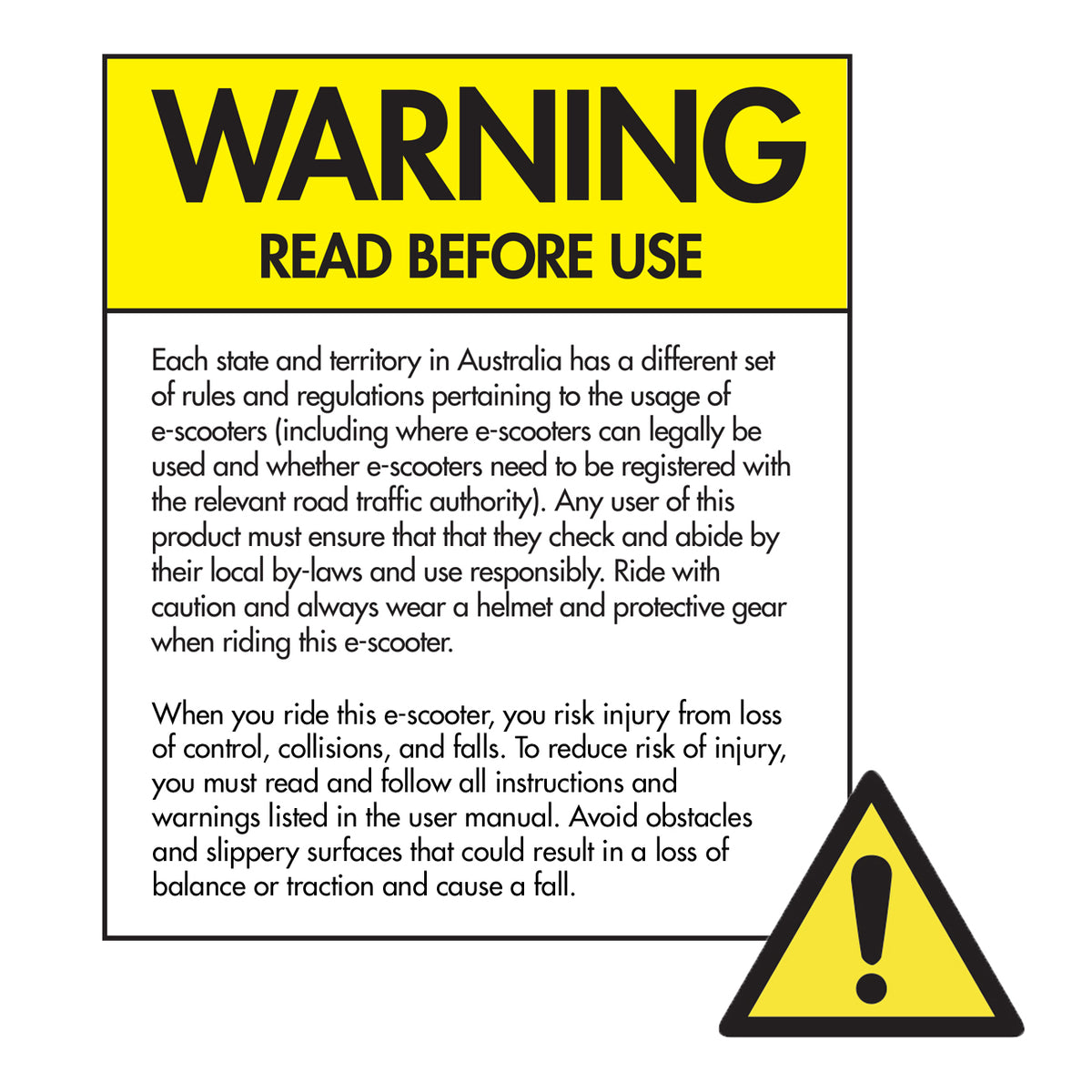 Scooter warning label about rules and regulations regarding riding electric scooters in Australia.