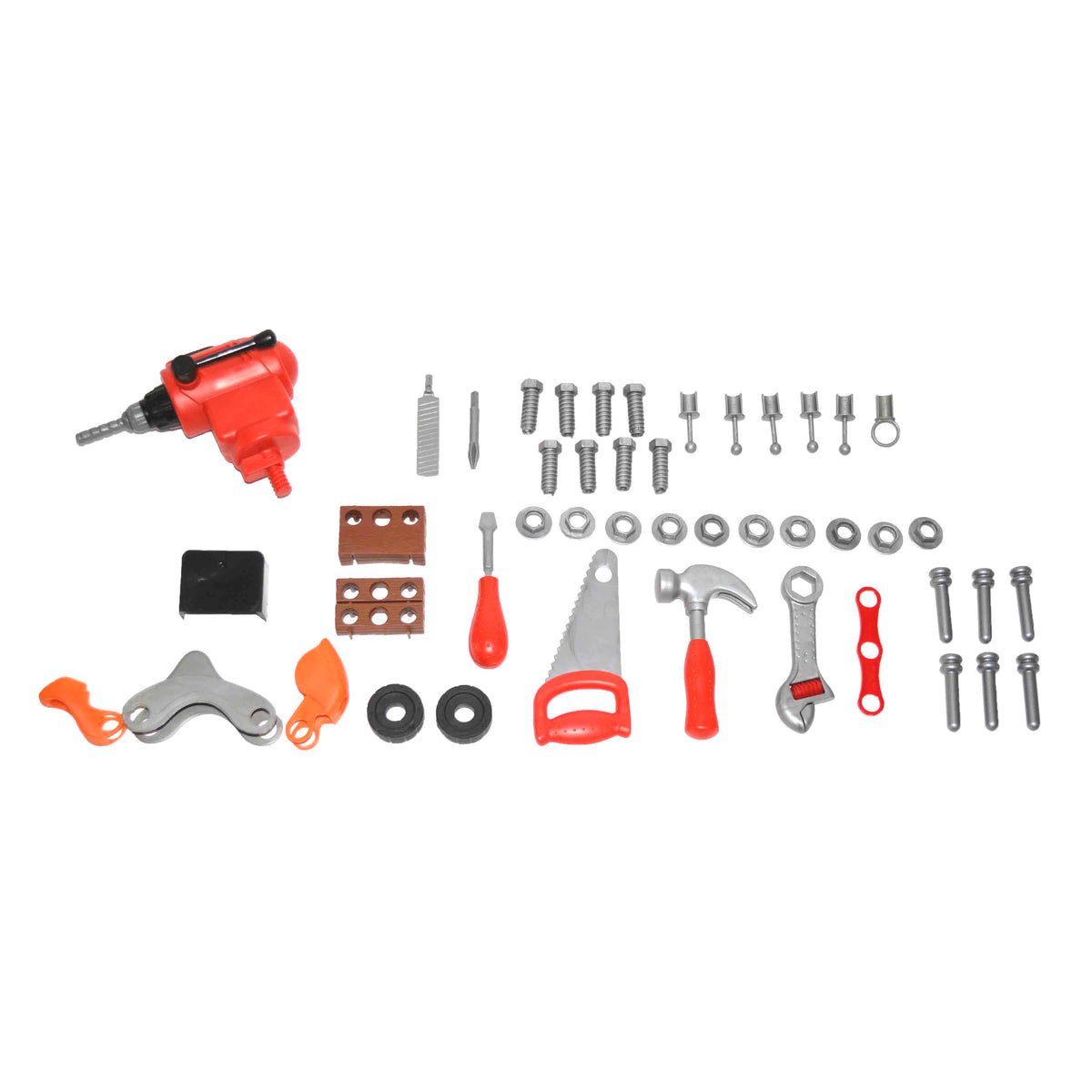 Accessories of the Children's Tool Workbench Playset - including a red drill, grey screws & pegs as well as a saw and a hammer.