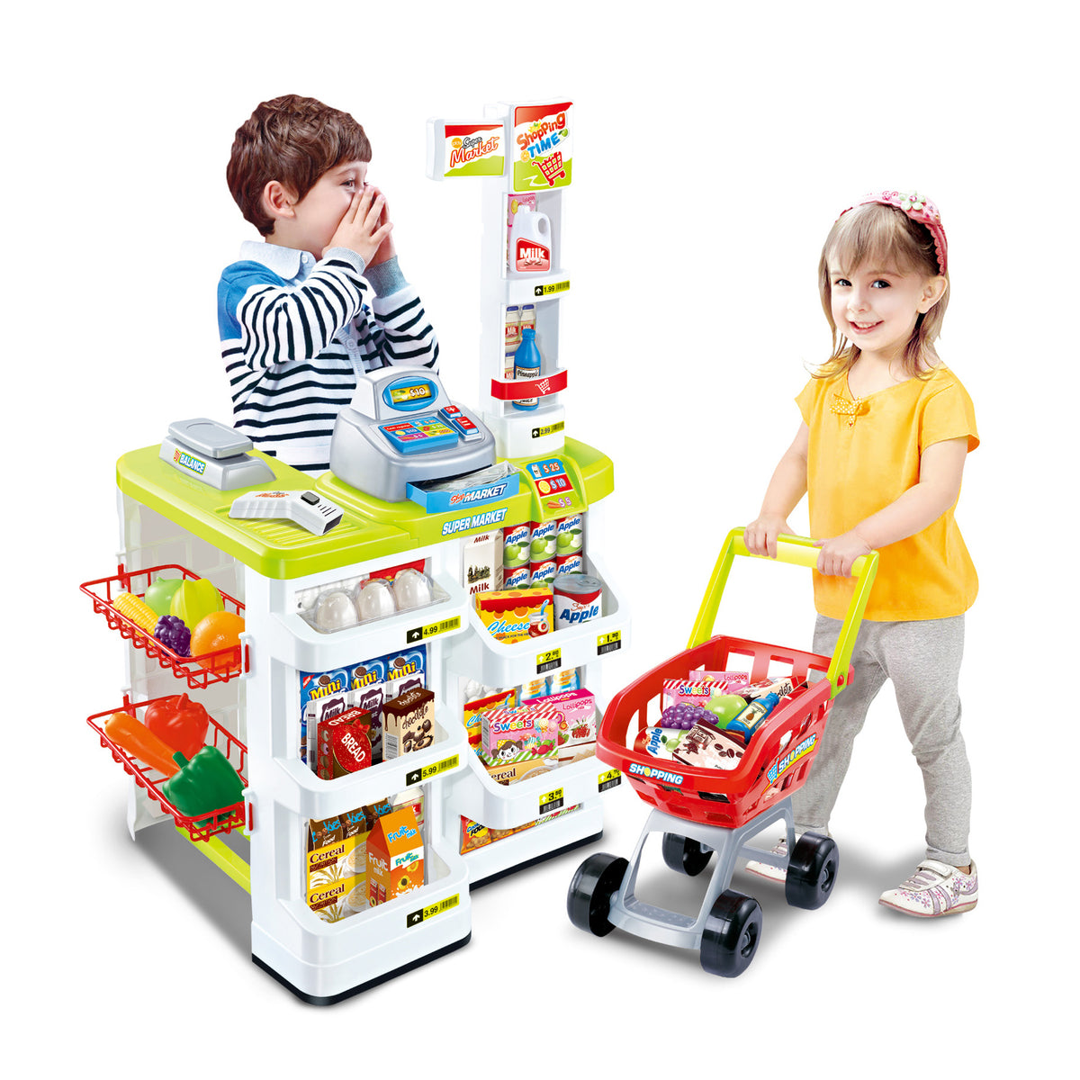 Children's Home Supermarket with Toy Cash Register, barcode scanner that beeps, Fruit & More