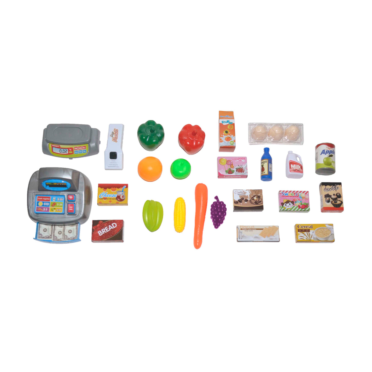 Accessories of the home supermarket play set - including a cash register, set of eggs, cereal box and veggies.