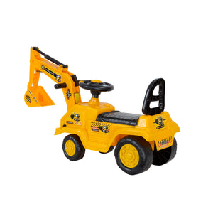 Back view of the yellow ride-on children's excavator toy.