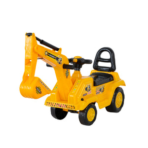 Angle view of the yellow ride-on children's excavator toy.