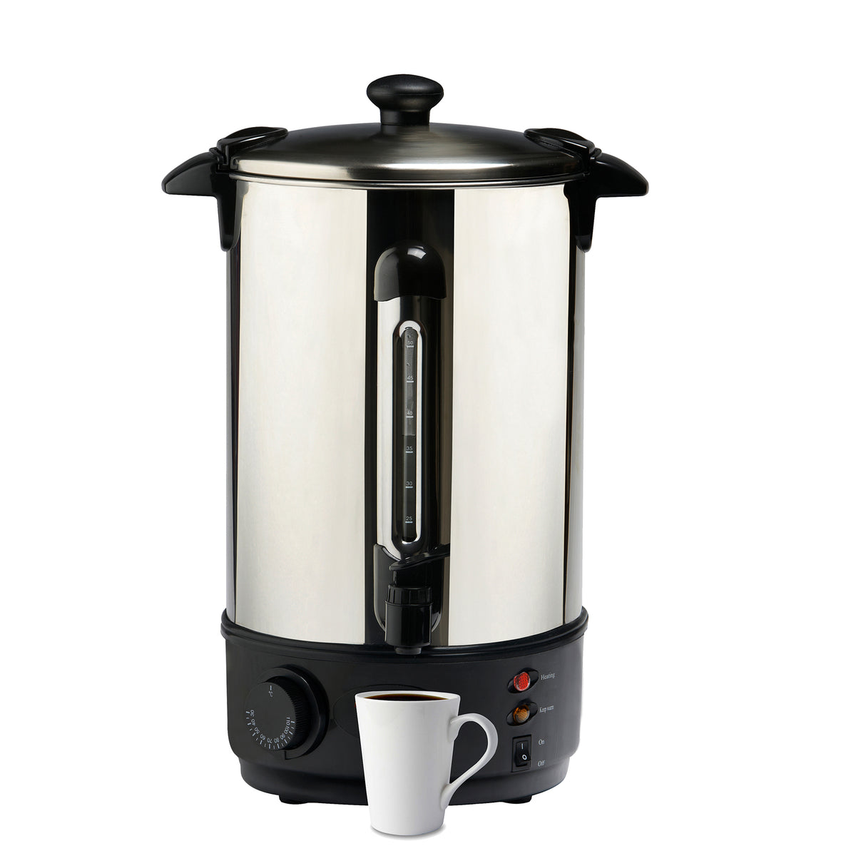 A stainless steel 10L hot water urn with a black control panel and a white coffee cup next to it.