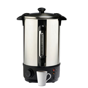 A stainless steel 10L hot water urn with a black control panel and a white coffee cup next to it.